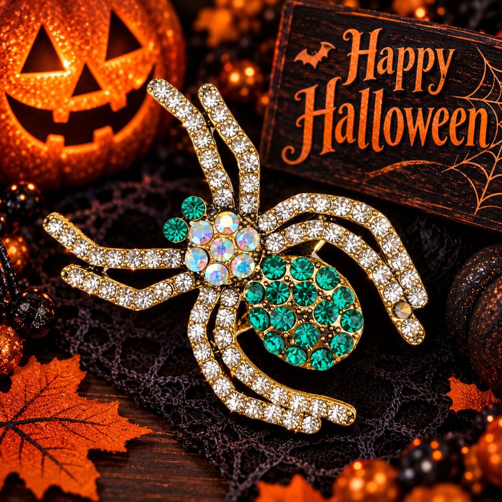 Rhinestone Green Spider Brooch Pin – Halloween Jewelry - 2"
